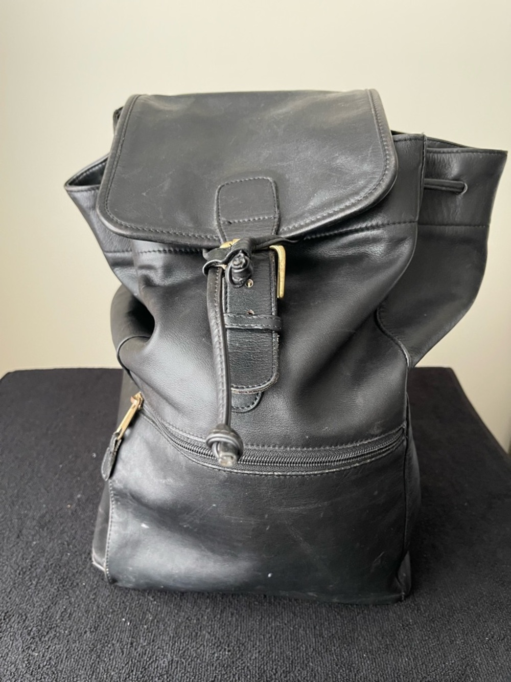 Coach Black Leather Drawstring Backpack with Front Zip Pocket
